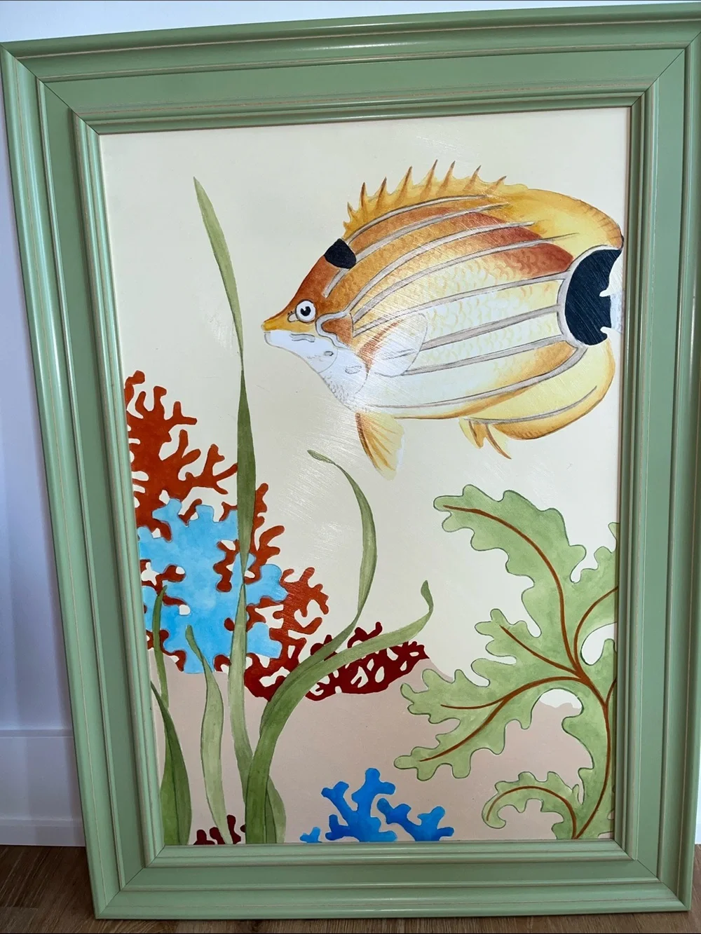 Framed Coastal Fish Wall Art - Green Frame, Yellow Fish